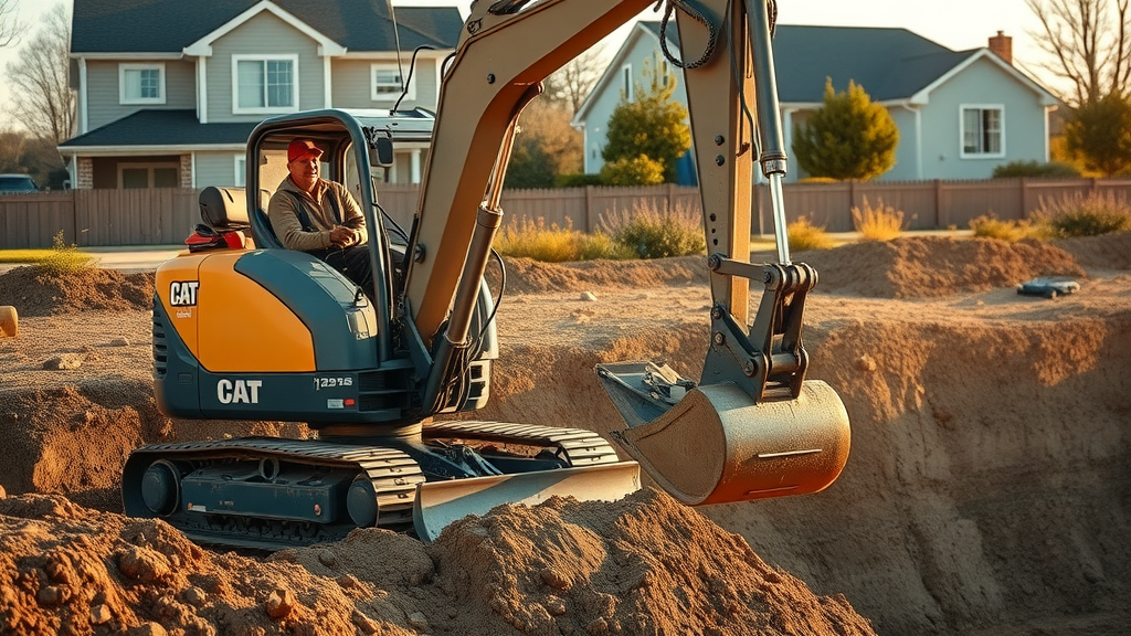 Excavating contractor operating machinery near new retaining wall for property upgrade